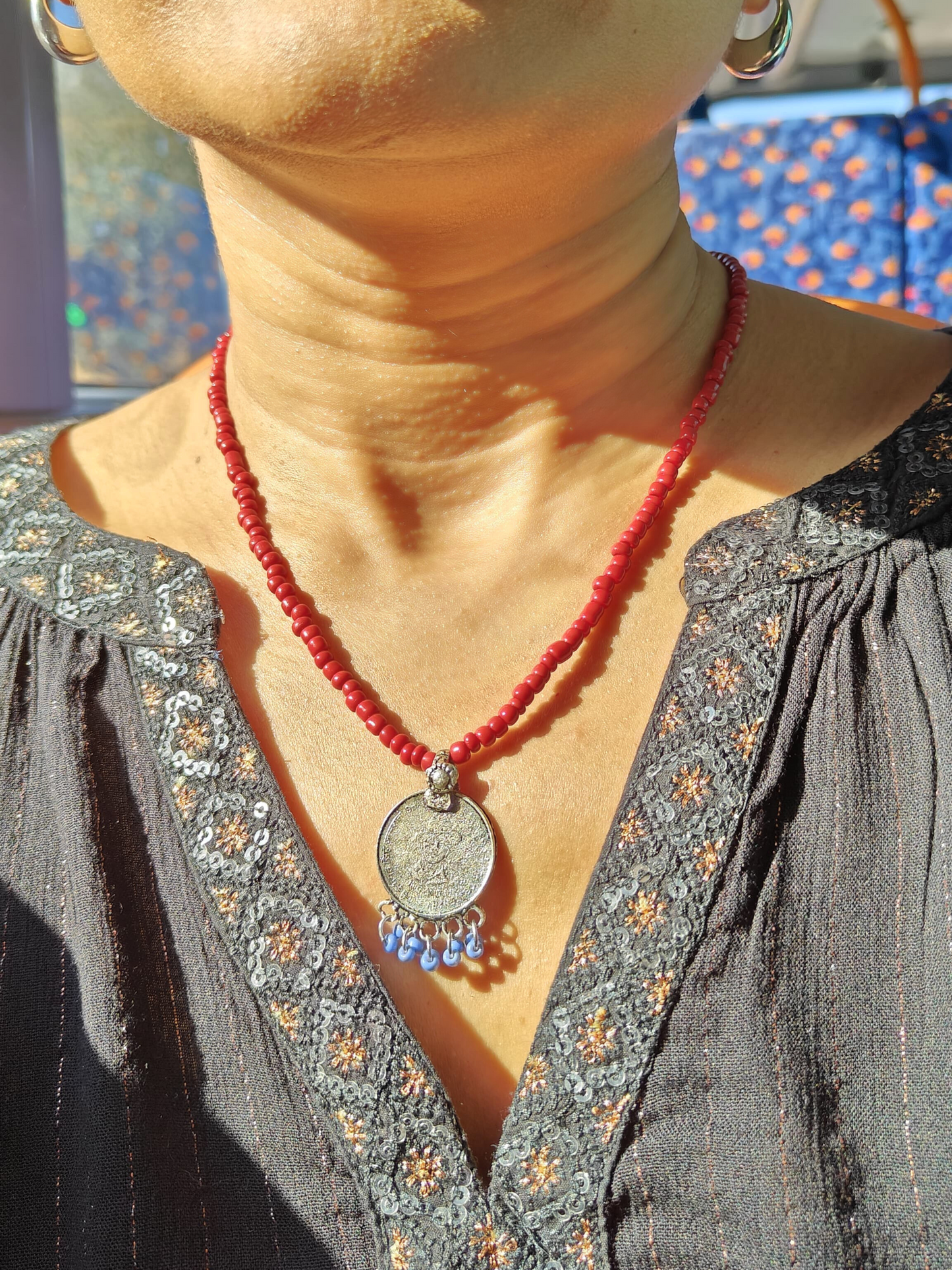 Necklace-Bohemian Maroon Coin Beaded Necklace