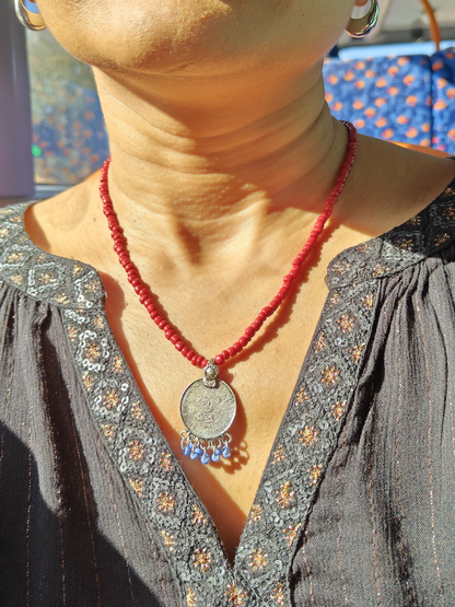 Necklace-Bohemian Maroon Coin Beaded Necklace
