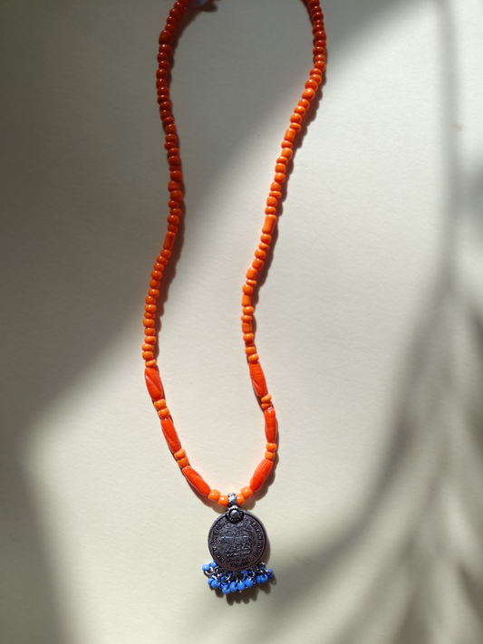 Necklace-Bohemian Orange Coin Beaded Necklace